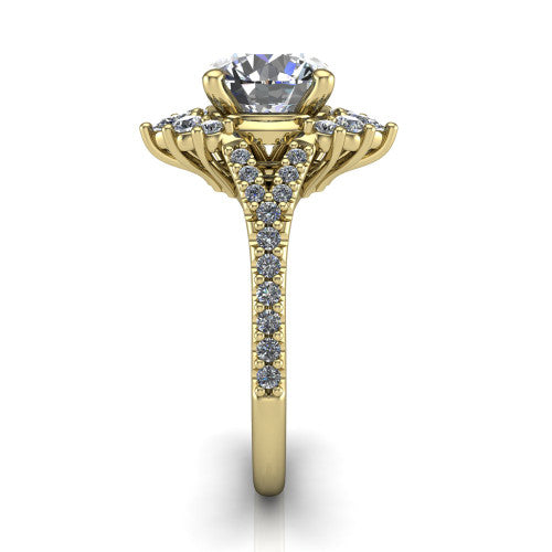 Sienna round halo engagement ring in 14K Yellow Gold, side profile showing the pear and round accent cluster and the pav&eacute; split shank