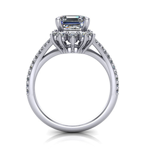 Sienna asscher halo engagement ring in Platinum, through-finger front profile showing the cluster halo head raised above the pav&eacute; split band
