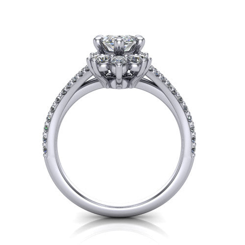 Sienna marquise halo engagement ring in Platinum, through-finger front profile showing the cluster halo head raised above the pav&eacute; split band