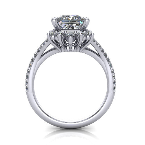 Sienna princess halo engagement ring in Platinum, through-finger front profile showing the cluster halo head raised above the pav&eacute; split band