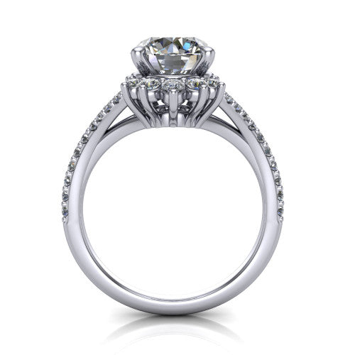 Sienna round halo engagement ring in 18K White Gold, through-finger front profile showing the cluster halo head raised above the pav&eacute; split band