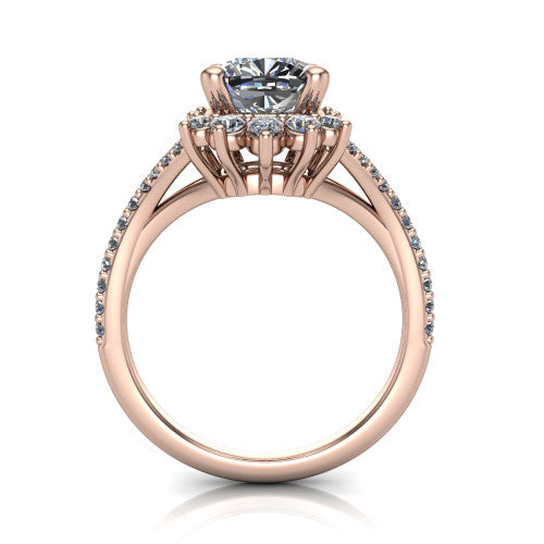 Sienna cushion halo engagement ring in 14K Rose Gold, through-finger front profile showing the cluster halo head raised above the pav&eacute; split band