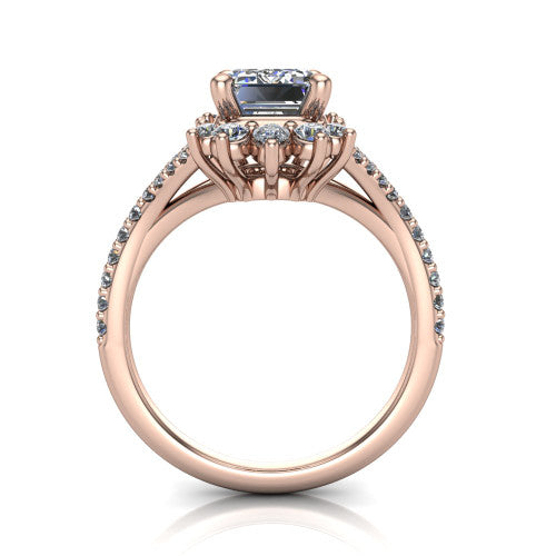 Sienna emerald halo engagement ring in 14K Rose Gold, through-finger front profile showing the cluster halo head raised above the pav&eacute; split band