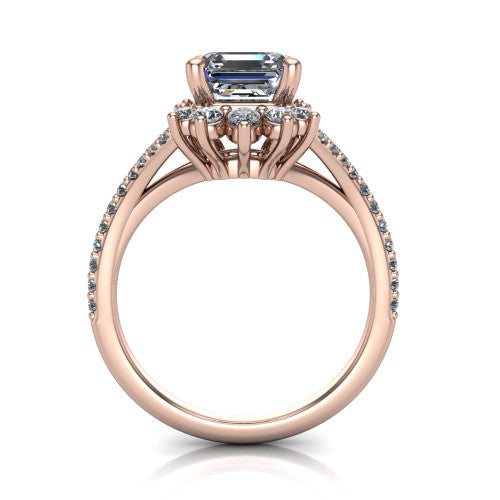 Sienna asscher halo engagement ring in 14K Rose Gold, through-finger front profile showing the cluster halo head raised above the pav&eacute; split band