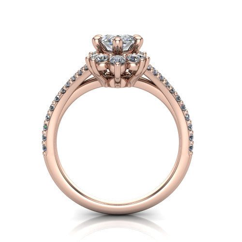 Sienna marquise halo engagement ring in 18K Rose Gold, through-finger front profile showing the cluster halo head raised above the pav&eacute; split band
