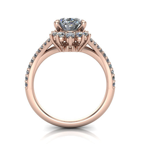 Sienna oval halo engagement ring in 14K Rose Gold, through-finger front profile showing the cluster halo head raised above the pav&eacute; split band