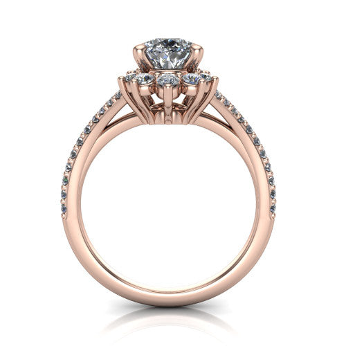 Sienna pear halo engagement ring in 18K Rose Gold, through-finger front profile showing the cluster halo head raised above the pav&eacute; split band