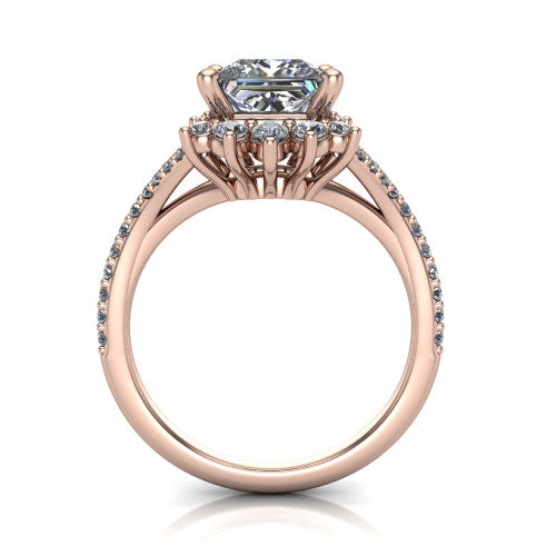 Sienna princess halo engagement ring in 18K Rose Gold, through-finger front profile showing the cluster halo head raised above the pav&eacute; split band