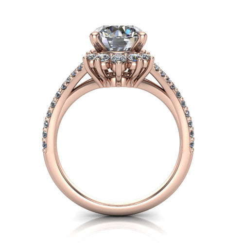 Sienna round halo engagement ring in 14K Rose Gold, through-finger front profile showing the cluster halo head raised above the pav&eacute; split band
