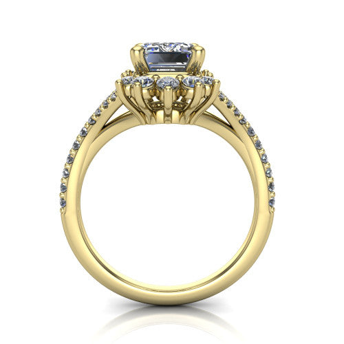 Sienna emerald halo engagement ring in 14K Yellow Gold, through-finger front profile showing the cluster halo head raised above the pav&eacute; split band