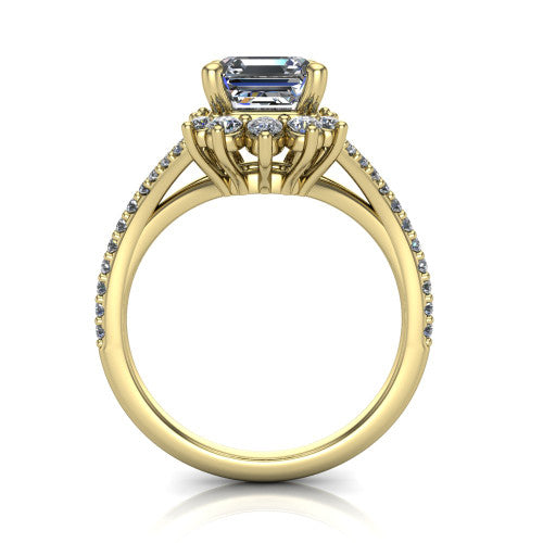 Sienna asscher halo engagement ring in 18K Yellow Gold, through-finger front profile showing the cluster halo head raised above the pav&eacute; split band