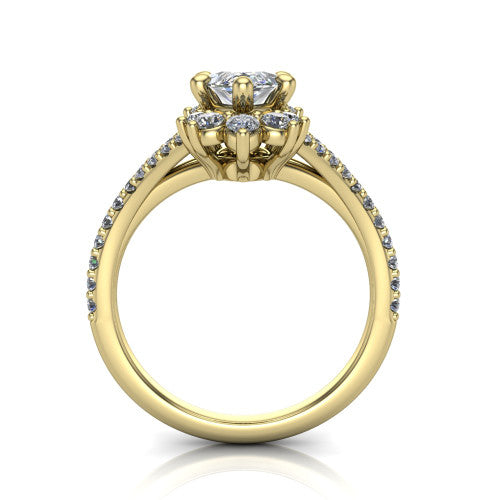 Sienna marquise halo engagement ring in 18K Yellow Gold, through-finger front profile showing the cluster halo head raised above the pav&eacute; split band