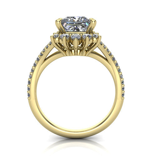 Sienna princess halo engagement ring in 18K Yellow Gold, through-finger front profile showing the cluster halo head raised above the pav&eacute; split band
