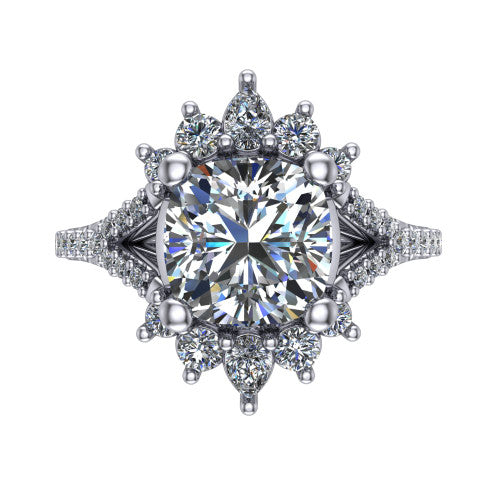 Sienna cushion halo engagement ring in Platinum, top-down view showing the center diamond ringed by a starburst ballerina halo of pear and round accent diamonds