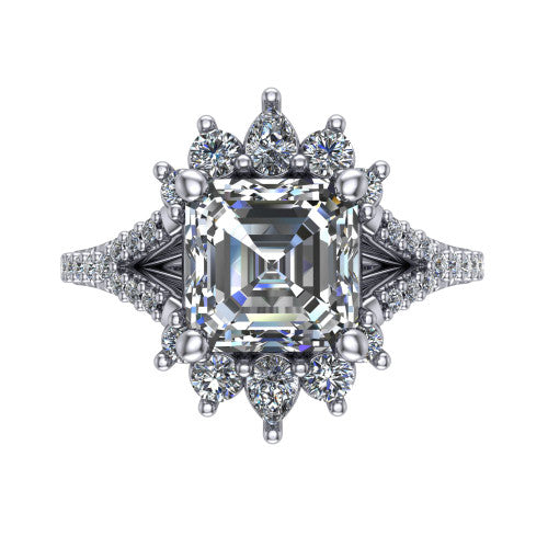 Sienna asscher halo engagement ring in 18K White Gold, top-down view showing the center diamond ringed by a starburst ballerina halo of pear and round accent diamonds