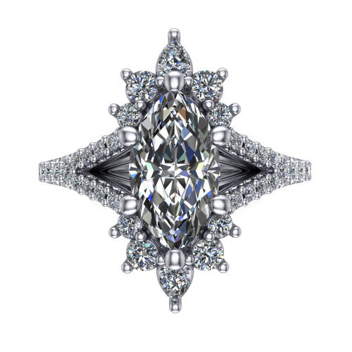 Sienna marquise halo engagement ring in 14K White Gold, top-down view showing the center diamond ringed by a starburst ballerina halo of pear and round accent diamonds