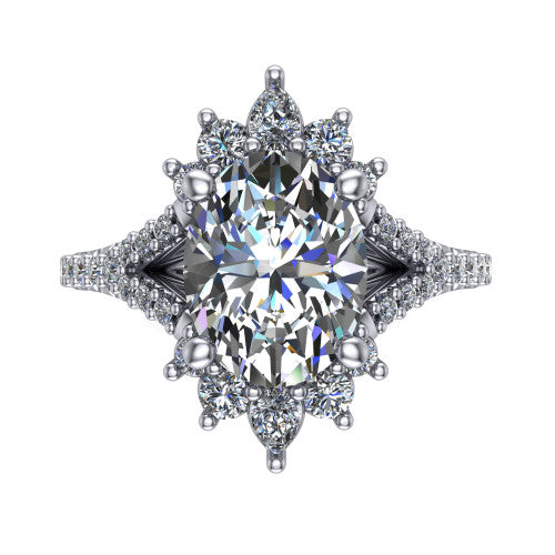 Sienna oval halo engagement ring in Platinum, top-down view showing the center diamond ringed by a starburst ballerina halo of pear and round accent diamonds