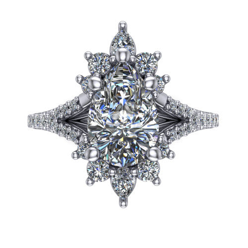 Sienna pear halo engagement ring in 18K White Gold, top-down view showing the center diamond ringed by a starburst ballerina halo of pear and round accent diamonds