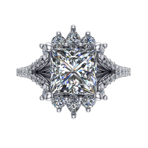 Sienna princess halo engagement ring in 18K White Gold, top-down view showing the center diamond ringed by a starburst ballerina halo of pear and round accent diamonds