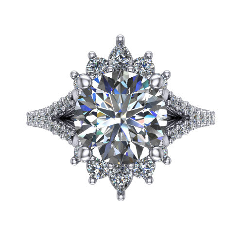 Sienna round halo engagement ring in Platinum, top-down view showing the center diamond ringed by a starburst ballerina halo of pear and round accent diamonds
