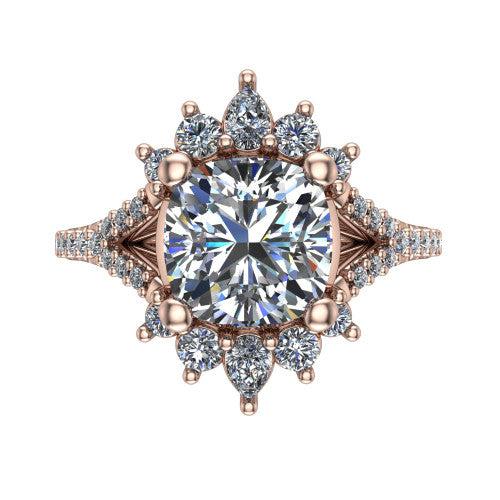Sienna cushion halo engagement ring in 14K Rose Gold, top-down view showing the center diamond ringed by a starburst ballerina halo of pear and round accent diamonds