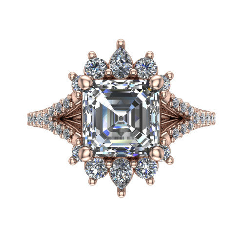 Sienna asscher halo engagement ring in 14K Rose Gold, top-down view showing the center diamond ringed by a starburst ballerina halo of pear and round accent diamonds