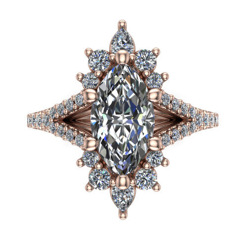 Sienna marquise halo engagement ring in 14K Rose Gold, top-down view showing the center diamond ringed by a starburst ballerina halo of pear and round accent diamonds