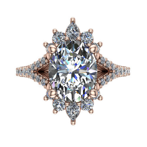 Sienna oval halo engagement ring in 18K Rose Gold, top-down view showing the center diamond ringed by a starburst ballerina halo of pear and round accent diamonds