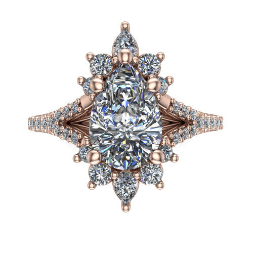 Sienna pear halo engagement ring in 14K Rose Gold, top-down view showing the center diamond ringed by a starburst ballerina halo of pear and round accent diamonds