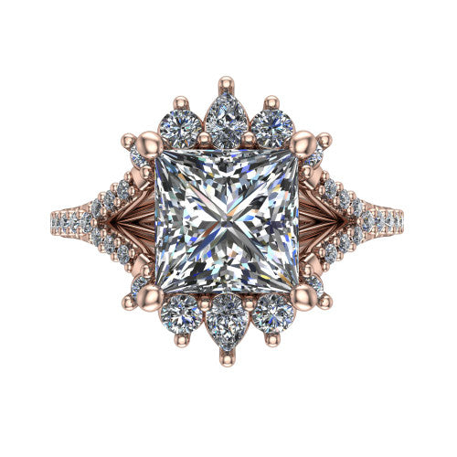 Sienna princess halo engagement ring in 18K Rose Gold, top-down view showing the center diamond ringed by a starburst ballerina halo of pear and round accent diamonds