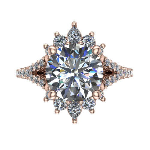 Sienna round halo engagement ring in 14K Rose Gold, top-down view showing the center diamond ringed by a starburst ballerina halo of pear and round accent diamonds