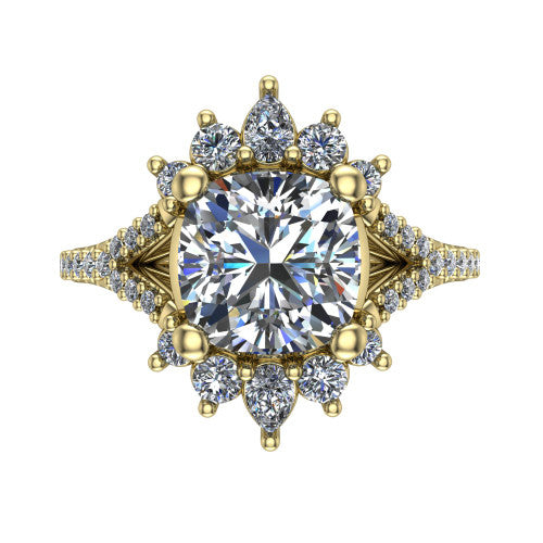 Sienna cushion halo engagement ring in 14K Yellow Gold, top-down view showing the center diamond ringed by a starburst ballerina halo of pear and round accent diamonds