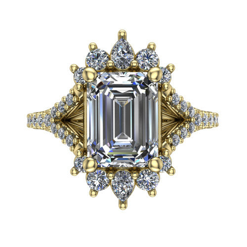 Sienna emerald halo engagement ring in 14K Yellow Gold, top-down view showing the center diamond ringed by a starburst ballerina halo of pear and round accent diamonds