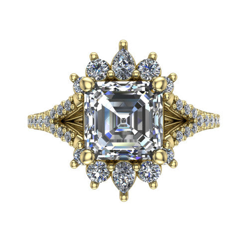 Sienna asscher halo engagement ring in 18K Yellow Gold, top-down view showing the center diamond ringed by a starburst ballerina halo of pear and round accent diamonds