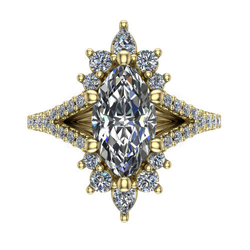 Sienna marquise halo engagement ring in 14K Yellow Gold, top-down view showing the center diamond ringed by a starburst ballerina halo of pear and round accent diamonds