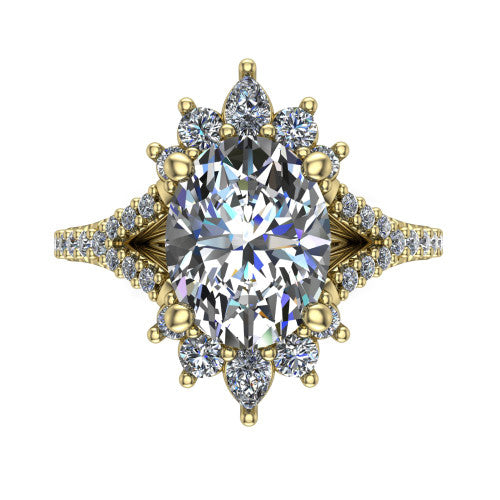 Sienna oval halo engagement ring in 14K Yellow Gold, top-down view showing the center diamond ringed by a starburst ballerina halo of pear and round accent diamonds