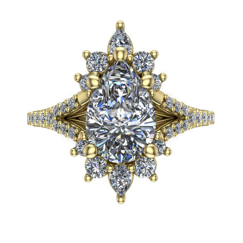 Sienna pear halo engagement ring in 14K Yellow Gold, top-down view showing the center diamond ringed by a starburst ballerina halo of pear and round accent diamonds