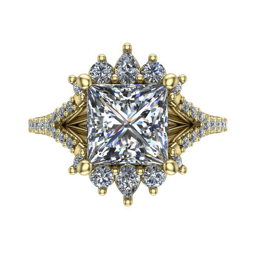 Sienna princess halo engagement ring in 18K Yellow Gold, top-down view showing the center diamond ringed by a starburst ballerina halo of pear and round accent diamonds