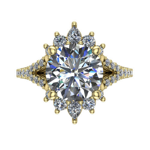Sienna round halo engagement ring in 14K Yellow Gold, top-down view showing the center diamond ringed by a starburst ballerina halo of pear and round accent diamonds