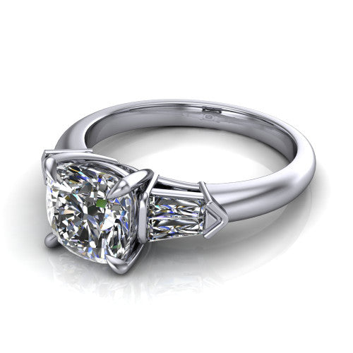 Gracie cushion three stone engagement ring in 14K White Gold, three-quarter perspective showing the cushion center diamond between tapered baguette side stones