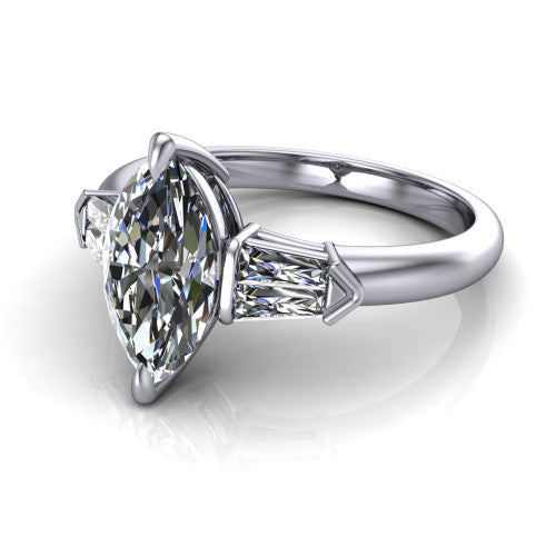 Gracie marquise three stone engagement ring in 14K White Gold, three-quarter perspective showing the marquise center diamond between tapered baguette side stones