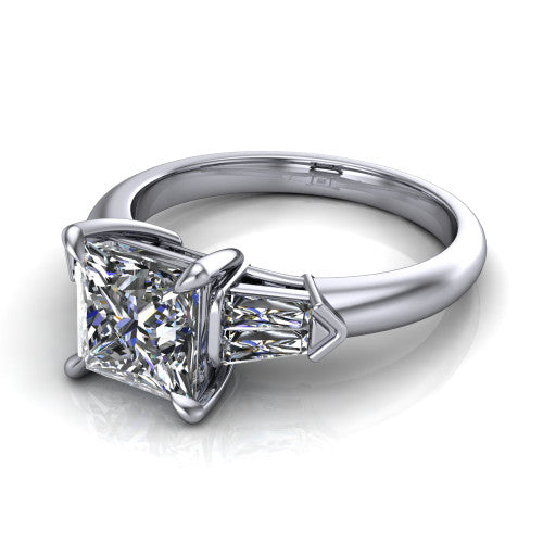 Gracie princess three stone engagement ring in 14K White Gold, three-quarter perspective showing the princess center diamond between tapered baguette side stones