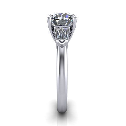 Gracie round three stone engagement ring in 18K White Gold, side profile showing the baguette side stones and polished band