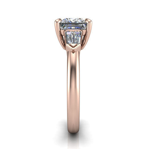 Gracie princess three stone engagement ring in 18K Rose Gold, side profile showing the baguette side stones and polished band