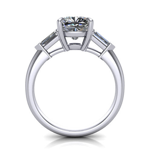Gracie cushion three stone engagement ring in 18K White Gold, through-finger front profile showing the open basket and polished band
