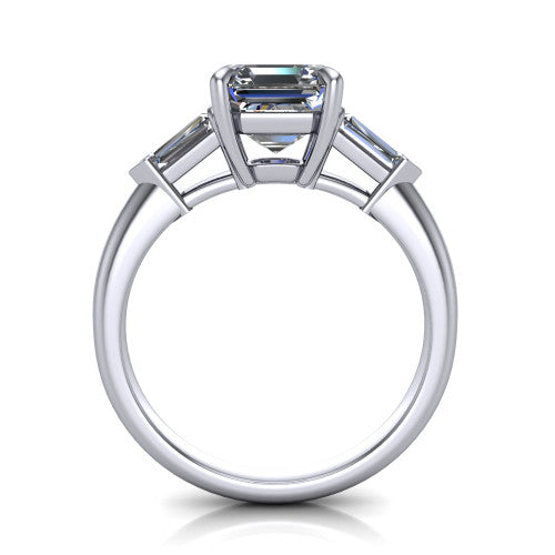 Gracie square emerald three stone engagement ring in Platinum, through-finger front profile showing the open basket and polished band
