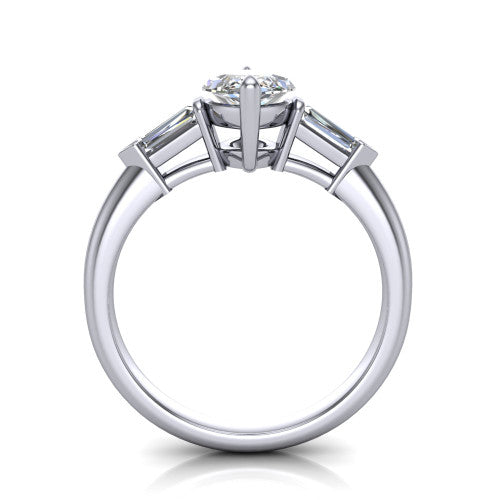 Gracie marquise three stone engagement ring in 18K White Gold, through-finger front profile showing the open basket and polished band