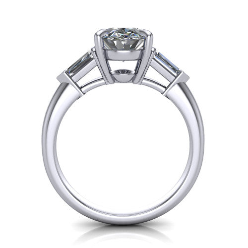 Gracie oval three stone engagement ring in 18K White Gold, through-finger front profile showing the open basket and polished band