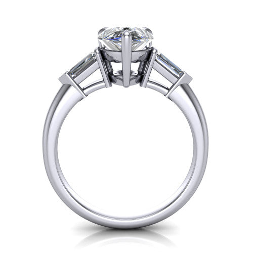 Gracie pear three stone engagement ring in 18K White Gold, through-finger front profile showing the open basket and polished band