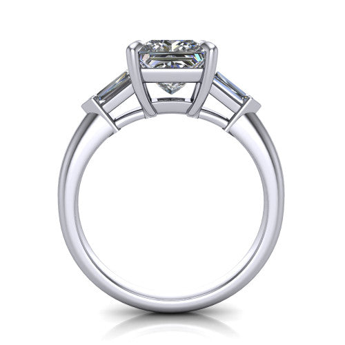 Gracie princess three stone engagement ring in Platinum, through-finger front profile showing the open basket and polished band